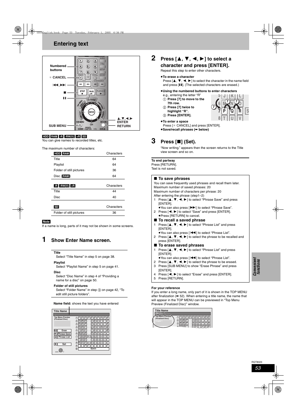 Entering text, Show enter name screen, Press [ ∫ ] (set) | Co n ven ie nt fu n cti o n s | Panasonic DMR-EH50 User Manual | Page 53 / 76