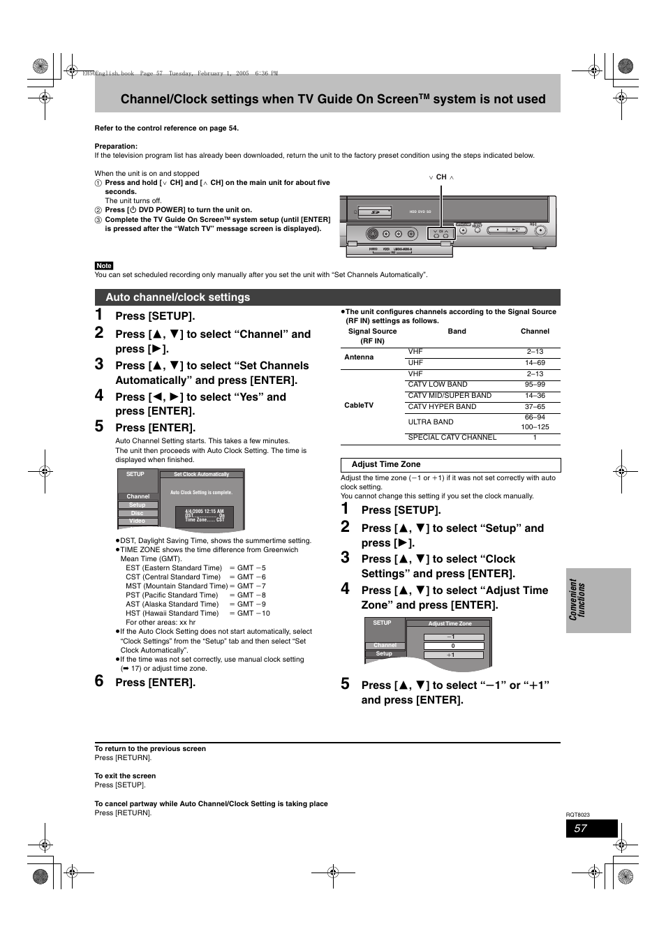 Channel/clock settings when tv guide on screen, System is not used, Press [setup | Press [ 3 , 4 ] to select “channel” and press [ 1, Press [ 2 , 1 ] to select “yes” and press [enter, Press [enter, Press [ 3 , 4 ] to select “setup” and press [ 1, Auto channel/clock settings | Panasonic DMR-EH50 User Manual | Page 57 / 76