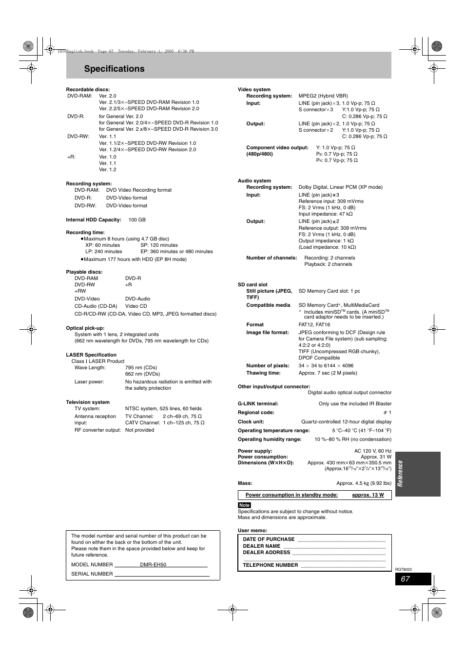 Specifications | Panasonic DMR-EH50 User Manual | Page 67 / 76