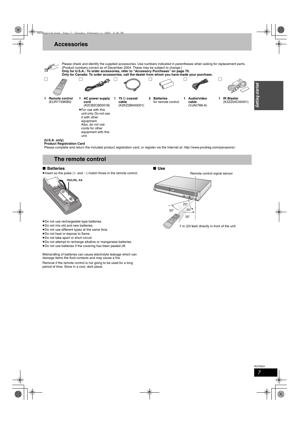 Accessories, The remote control | Panasonic DMR-EH50 User Manual | Page 7 / 76