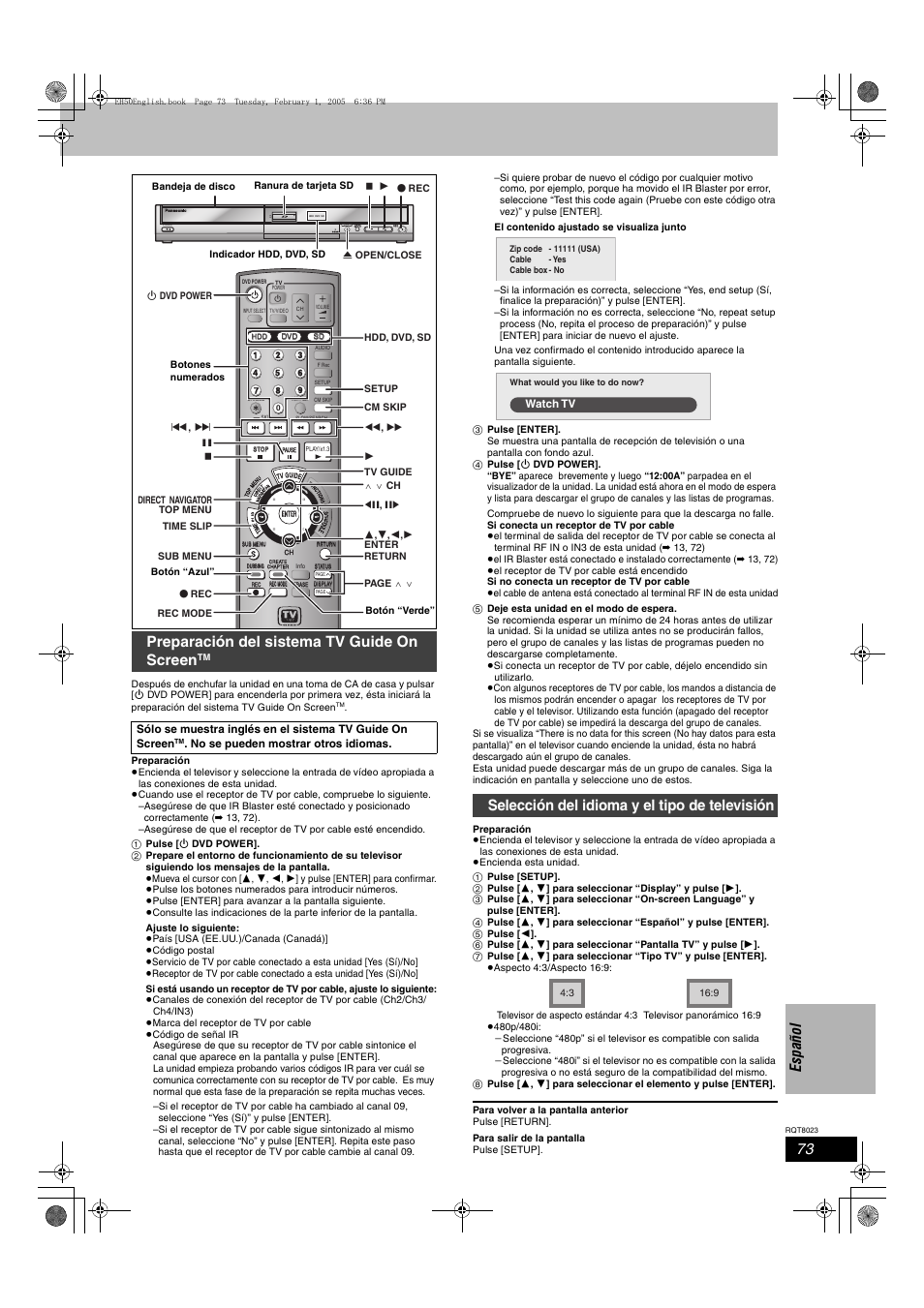 Es pañol, Preparación del sistema tv guide on screen, Selección del idioma y el tipo de televisión | Open/close, X1.3 | Panasonic DMR-EH50 User Manual | Page 73 / 76