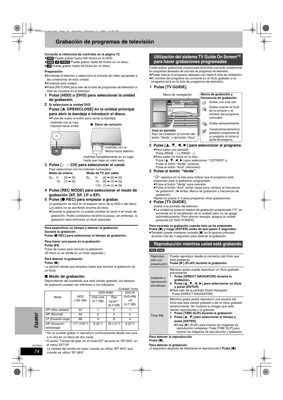 Grabación de programas de televisión, Es pañol, Utilización del sistema tv guide on screen | Panasonic DMR-EH50 User Manual | Page 74 / 76