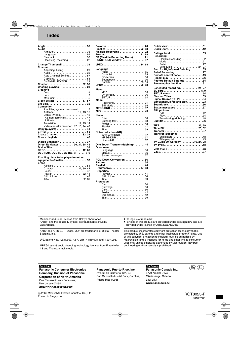 Index, Rqt8023-p | Panasonic DMR-EH50 User Manual | Page 76 / 76