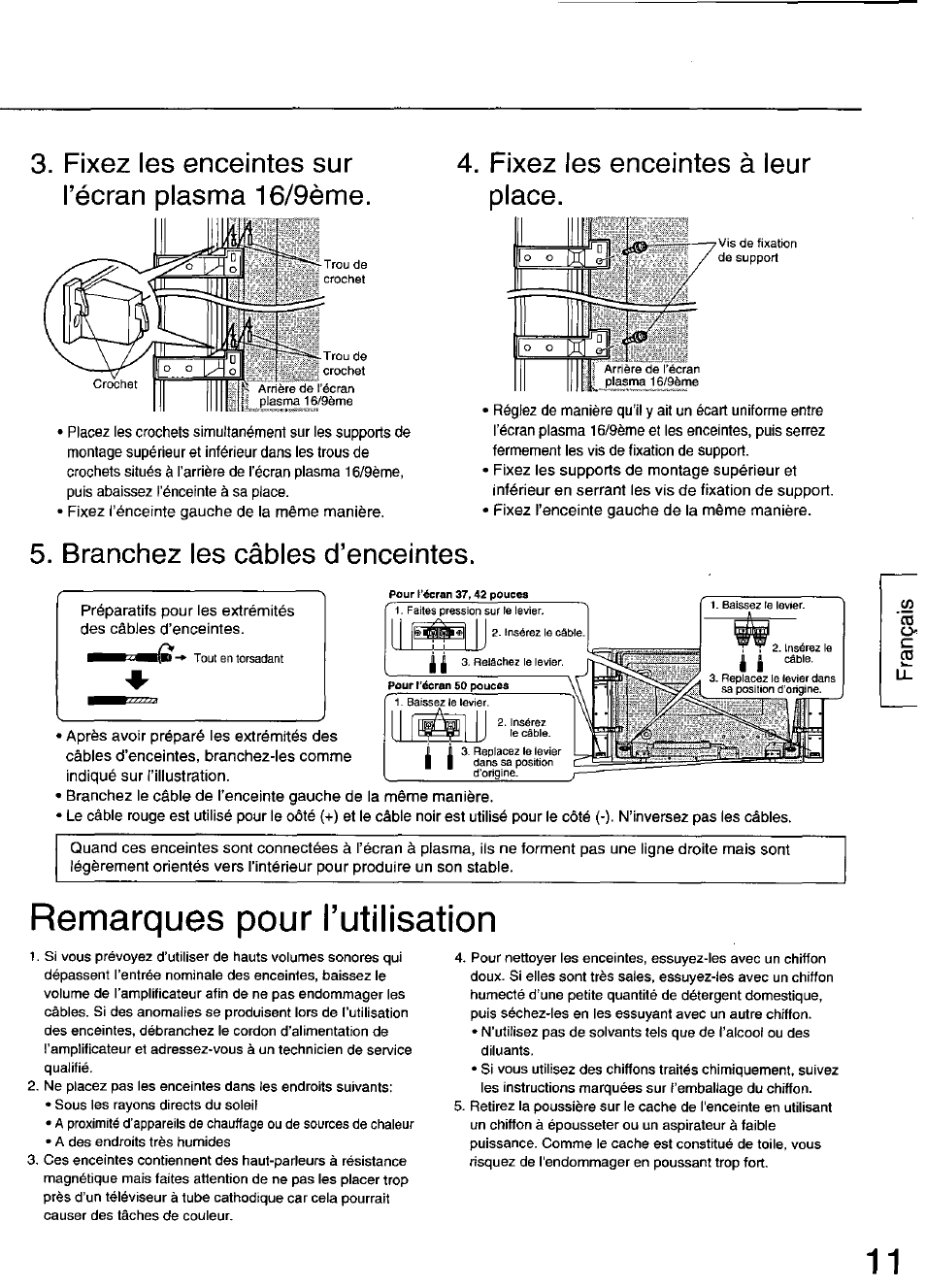 Remarques pour l’utilisation, Branchez les câbles d’enceintes | Panasonic TY-SP50PHD3 User Manual | Page 11 / 24