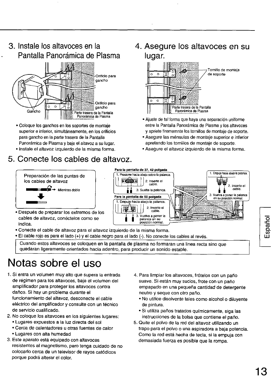 Notas sobre el uso, Asegure los altavoces en su lugar, Conecte los cables de altavoz | Panasonic TY-SP50PHD3 User Manual | Page 13 / 24