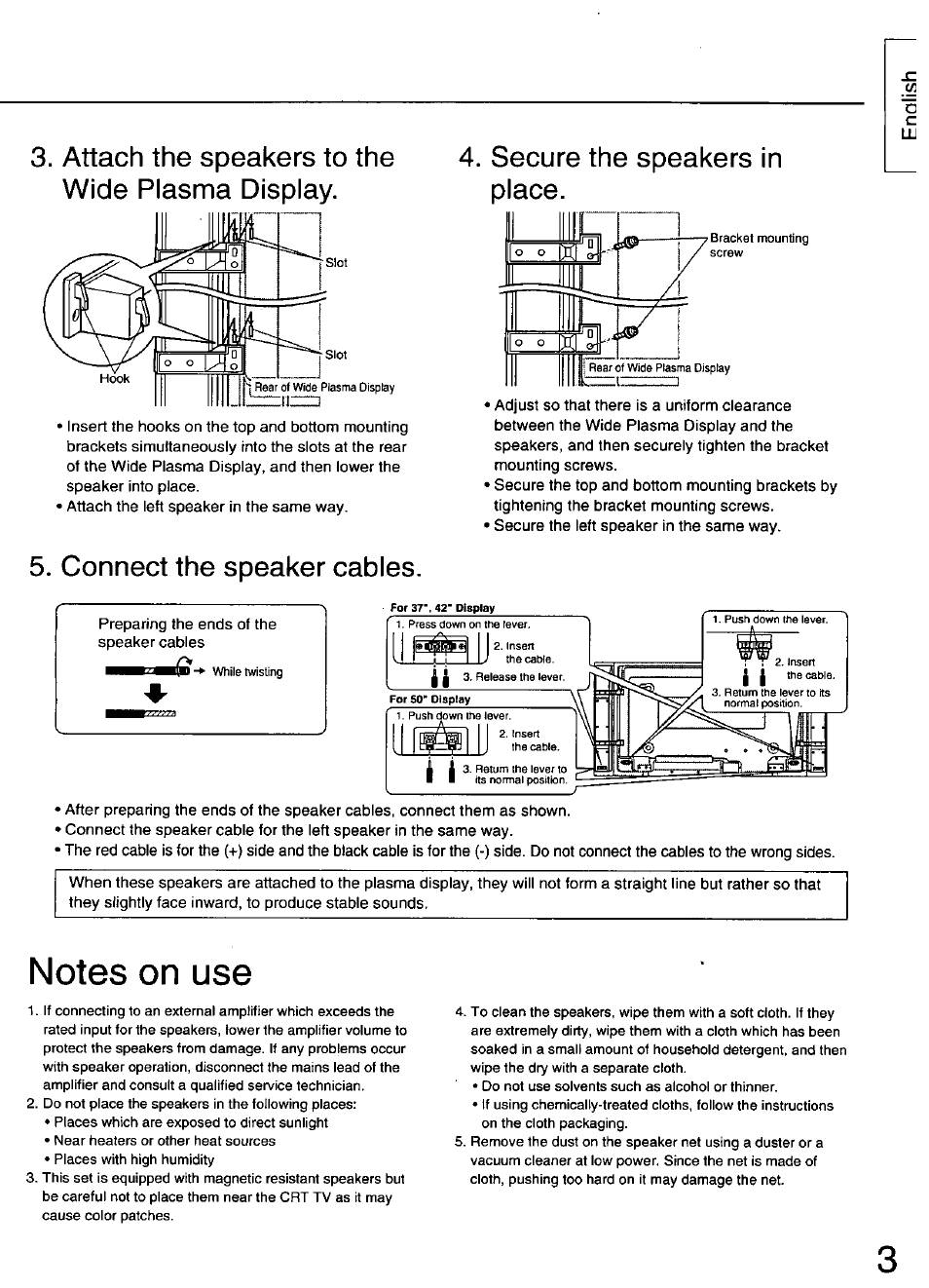 Notes on use, Connect the speaker cables | Panasonic TY-SP50PHD3 User Manual | Page 3 / 24