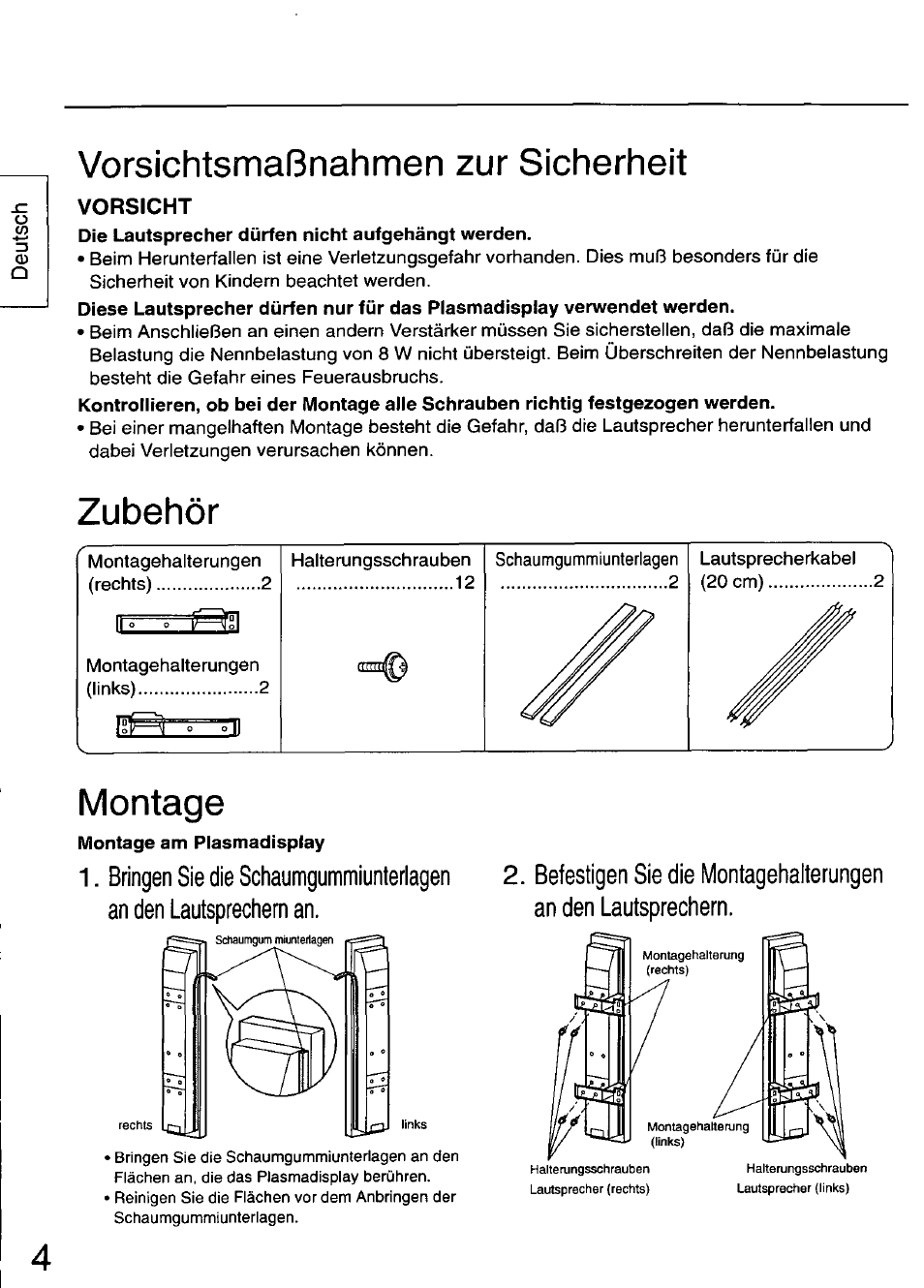 Vorsichtsmaßnahmen zur sicherheit, Zubehör, Montage | Zubehör montage | Panasonic TY-SP50PHD3 User Manual | Page 4 / 24