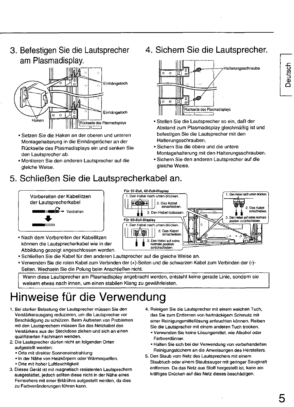 Hinweise für die verwendung, Sichern sie die lautsprecher, Schließen sie die lautsprecherkabel an | Befestigen sie die lautsprecher am plasmadisplay | Panasonic TY-SP50PHD3 User Manual | Page 5 / 24