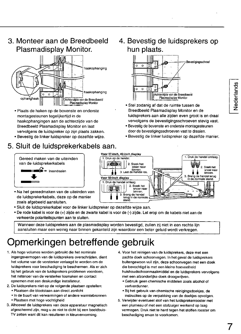 Opmerkingen betreffende gebruik, Sluit de luidsprekerkabels aan | Panasonic TY-SP50PHD3 User Manual | Page 7 / 24