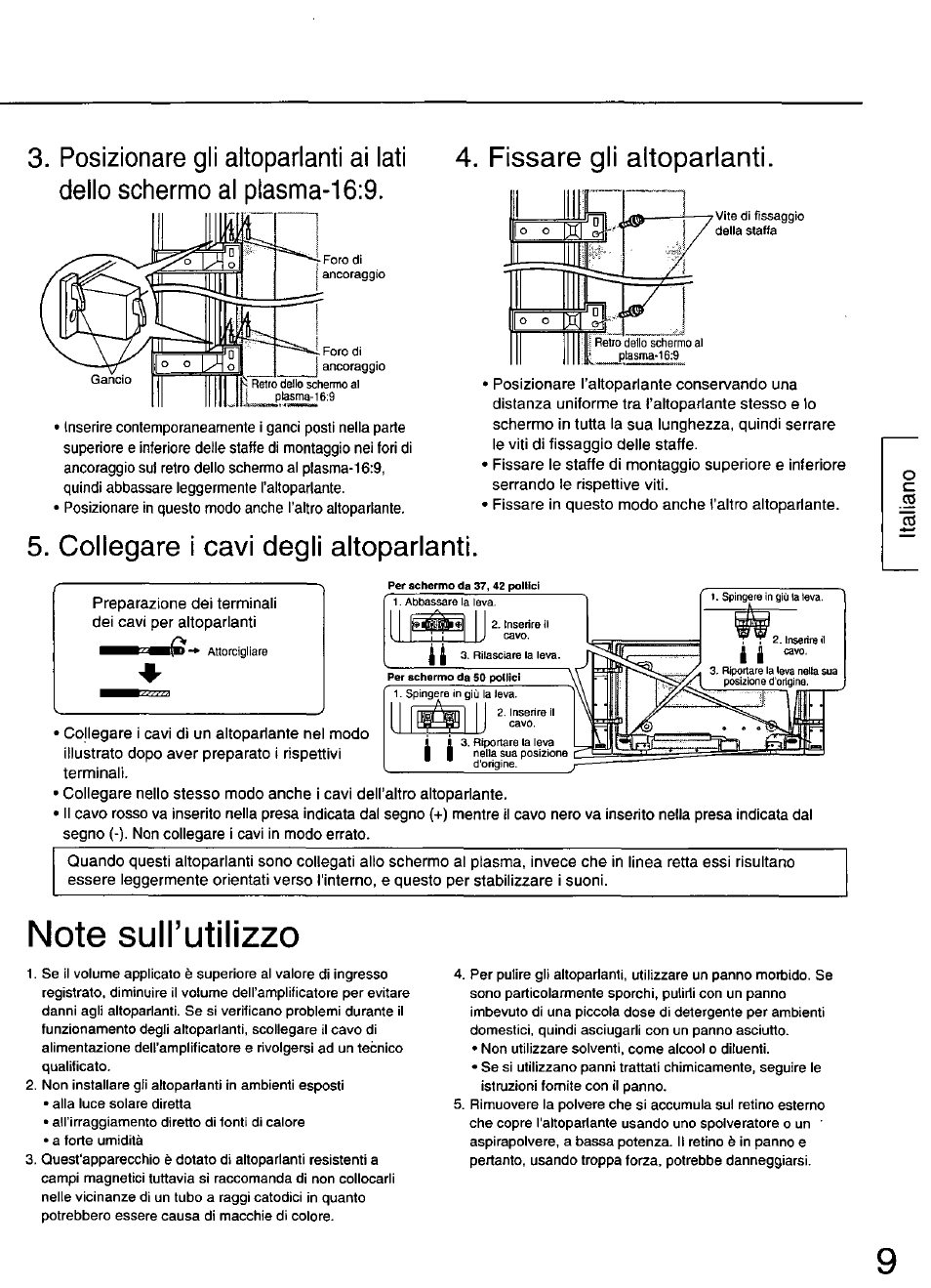 Note suh’utilizzo, Fissare gli altoparlanti, Collegare i cavi degli altoparlanti | Panasonic TY-SP50PHD3 User Manual | Page 9 / 24
