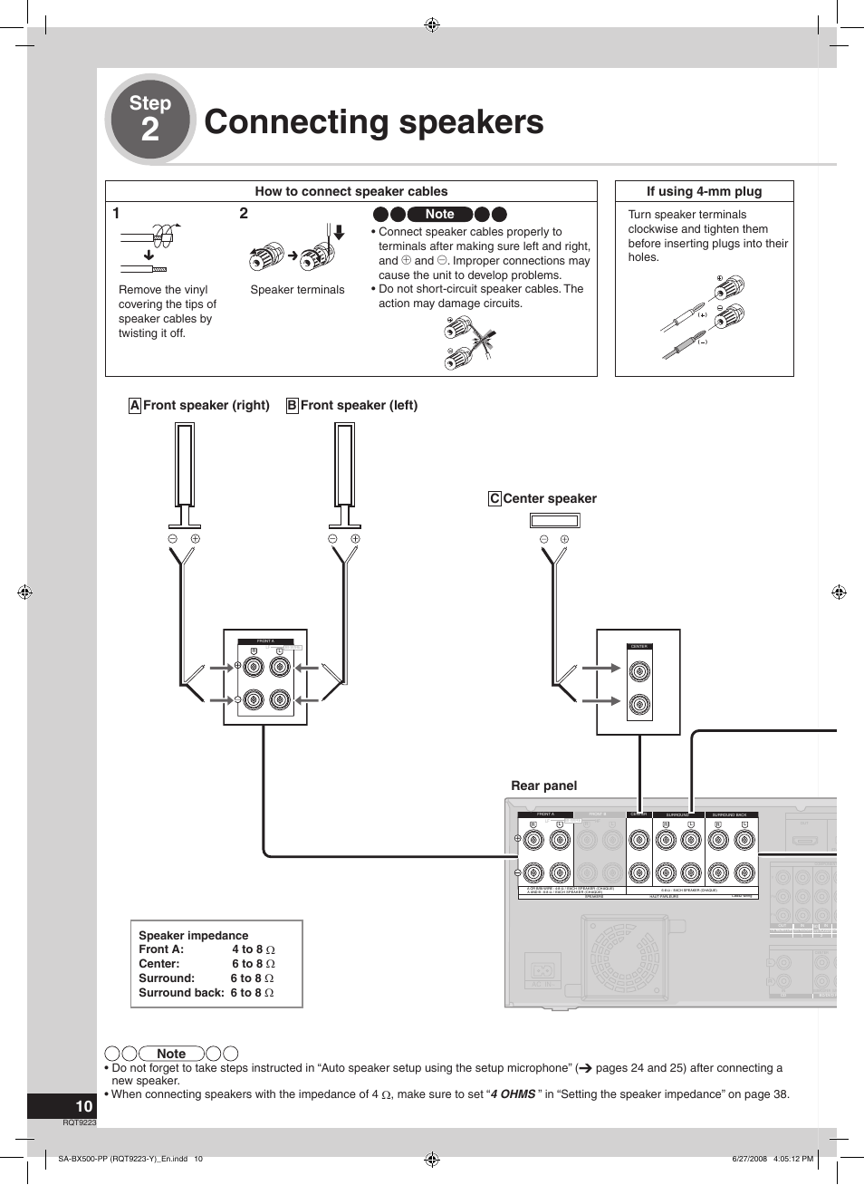 Connecting speakers, 2connecting speakers, Step | If using 4-mm plug | Panasonic RQT9223 User Manual | Page 10 / 60