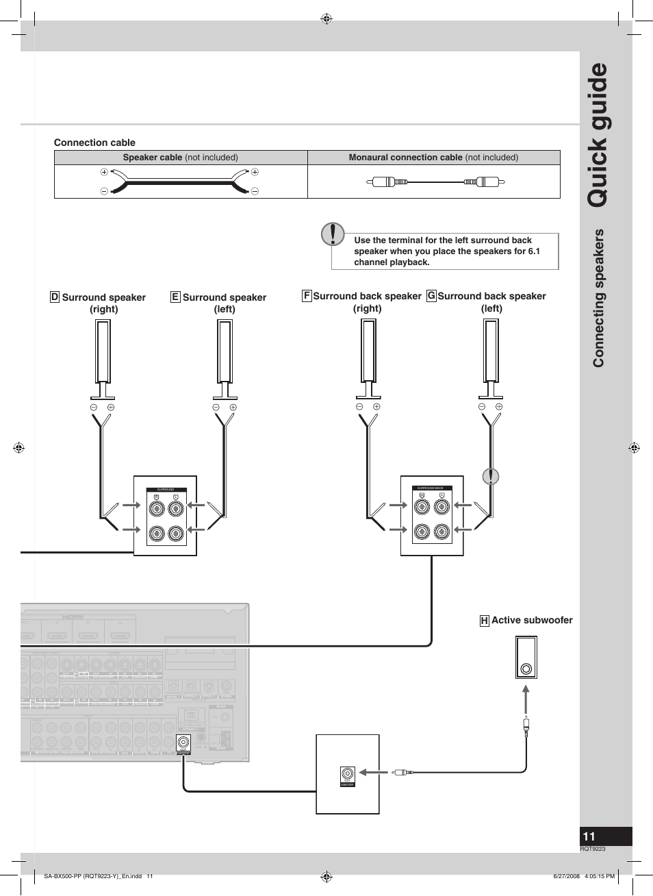 Quic k guide, Step, Connecting speaker s | Connection cable | Panasonic RQT9223 User Manual | Page 11 / 60