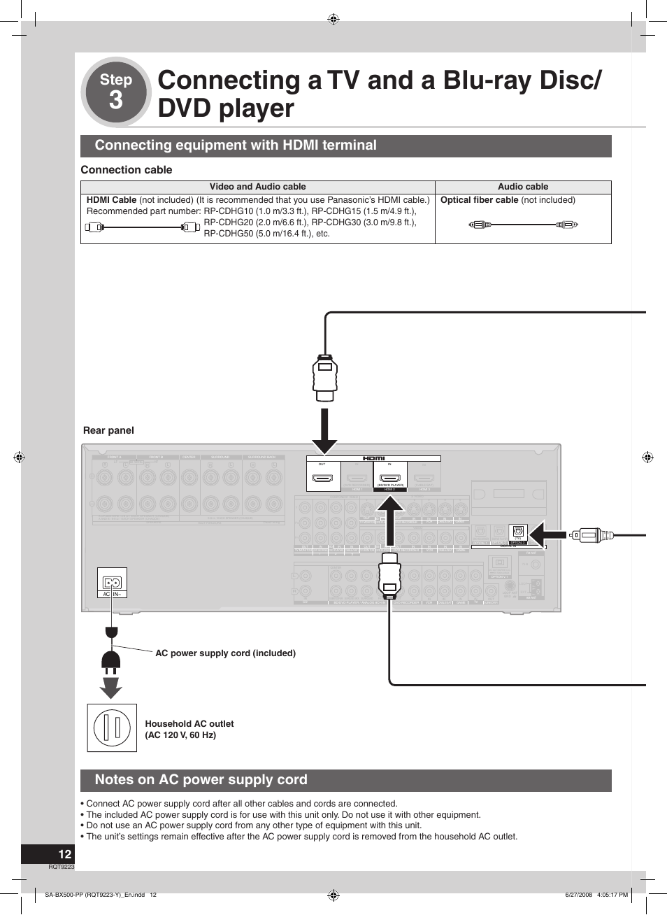 Connecting a tv and a blu-ray disc/dvd player, 3connecting a tv and a blu-ray disc/ dvd player, Step | Connecting equipment with hdmi terminal, Connection cable, Blu-ray disc/dvd player hdmi video/audio out, Pages 16 to 20), Hdmi input digital audio out (optical) | Panasonic RQT9223 User Manual | Page 12 / 60