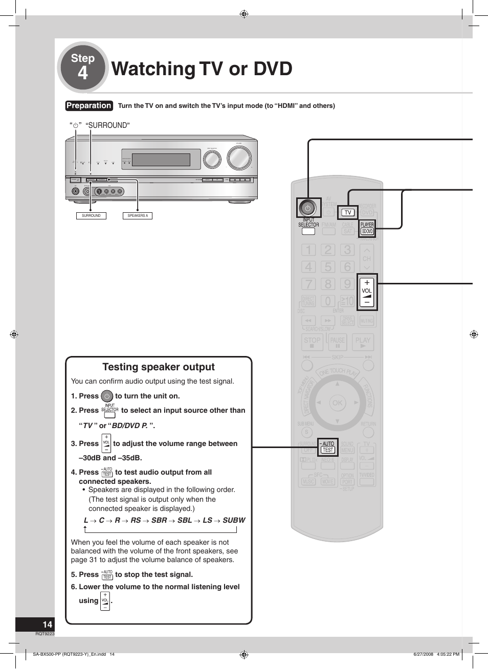 Watching tv or dvd, 4watching tv or dvd, Step | Testing speaker output, Surround | Panasonic RQT9223 User Manual | Page 14 / 60