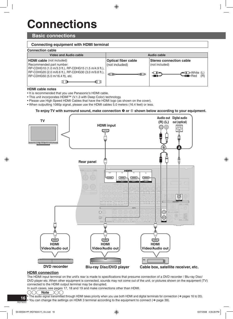 Preparations, Connections, Basic connections | Hdmi connection, Connecting equipment with hdmi terminal, Hdmi cable, Video and audio cable audio cable, Not included) | Panasonic RQT9223 User Manual | Page 16 / 60