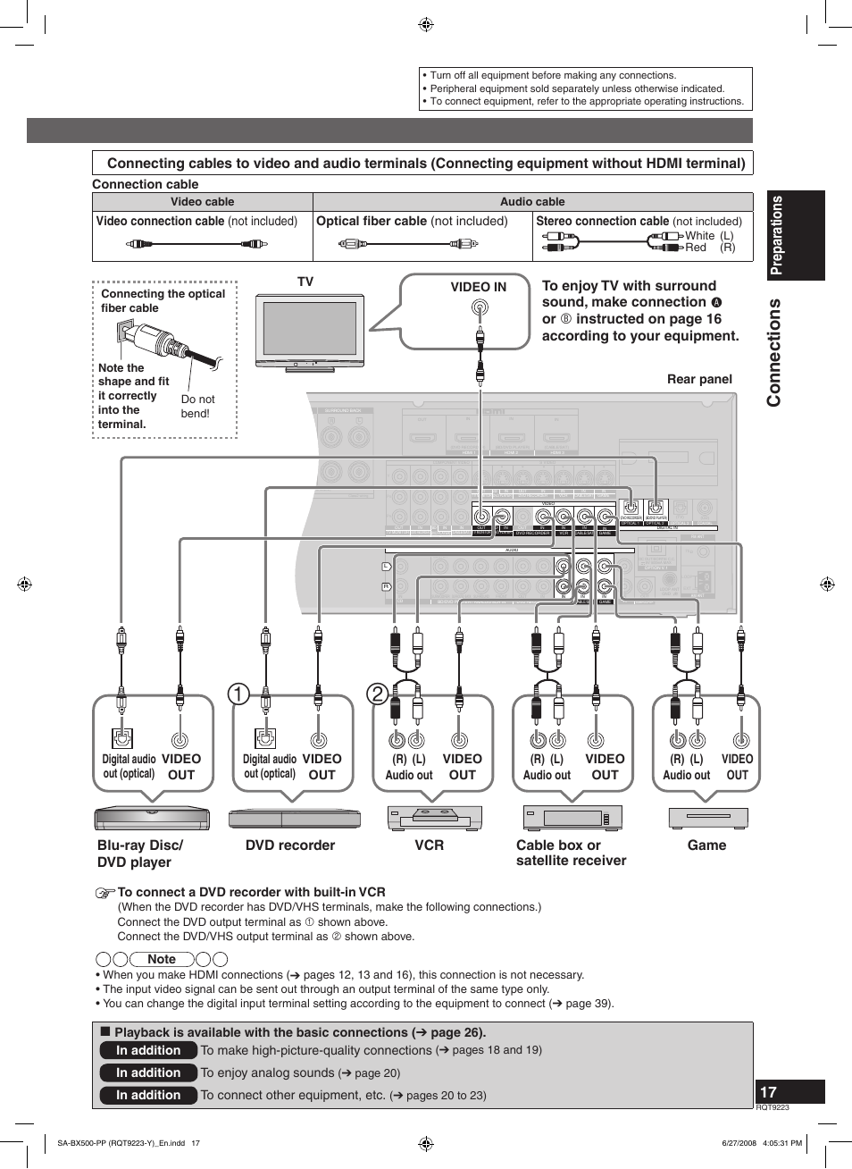 Basic connections, Connections, Preparations | Game, Connection cable, Video in tv rear panel, Pages 18 and 19), Page 20), Pages 20 to 23), Video cable audio cable | Panasonic RQT9223 User Manual | Page 17 / 60