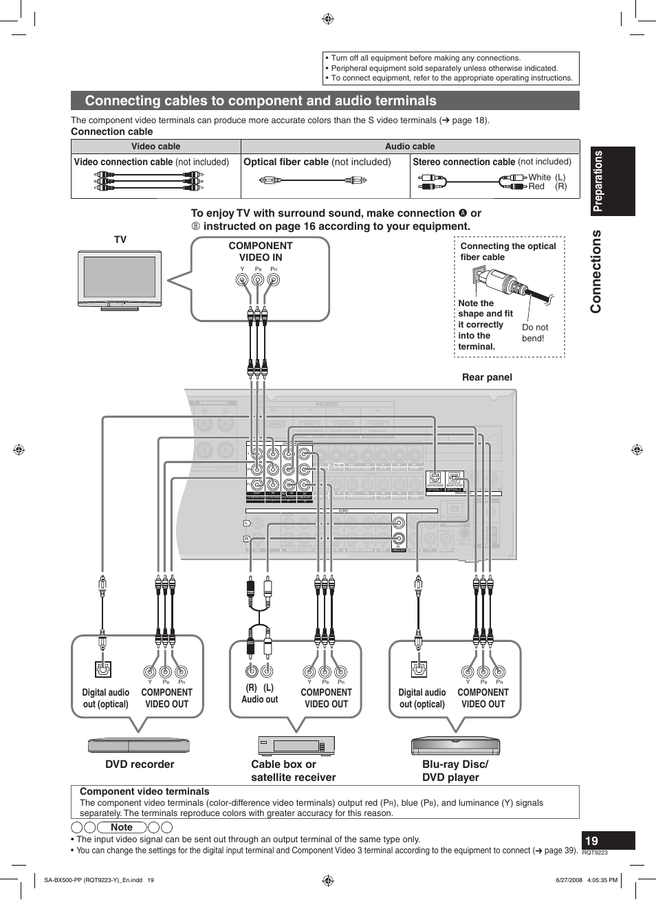 Connecting cables to component and audio terminals, Connections, Preparations | Connection cable, Component video terminals, Rear panel tv, Video cable audio cable, Not included), Blue (p, White (l) red (r) | Panasonic RQT9223 User Manual | Page 19 / 60