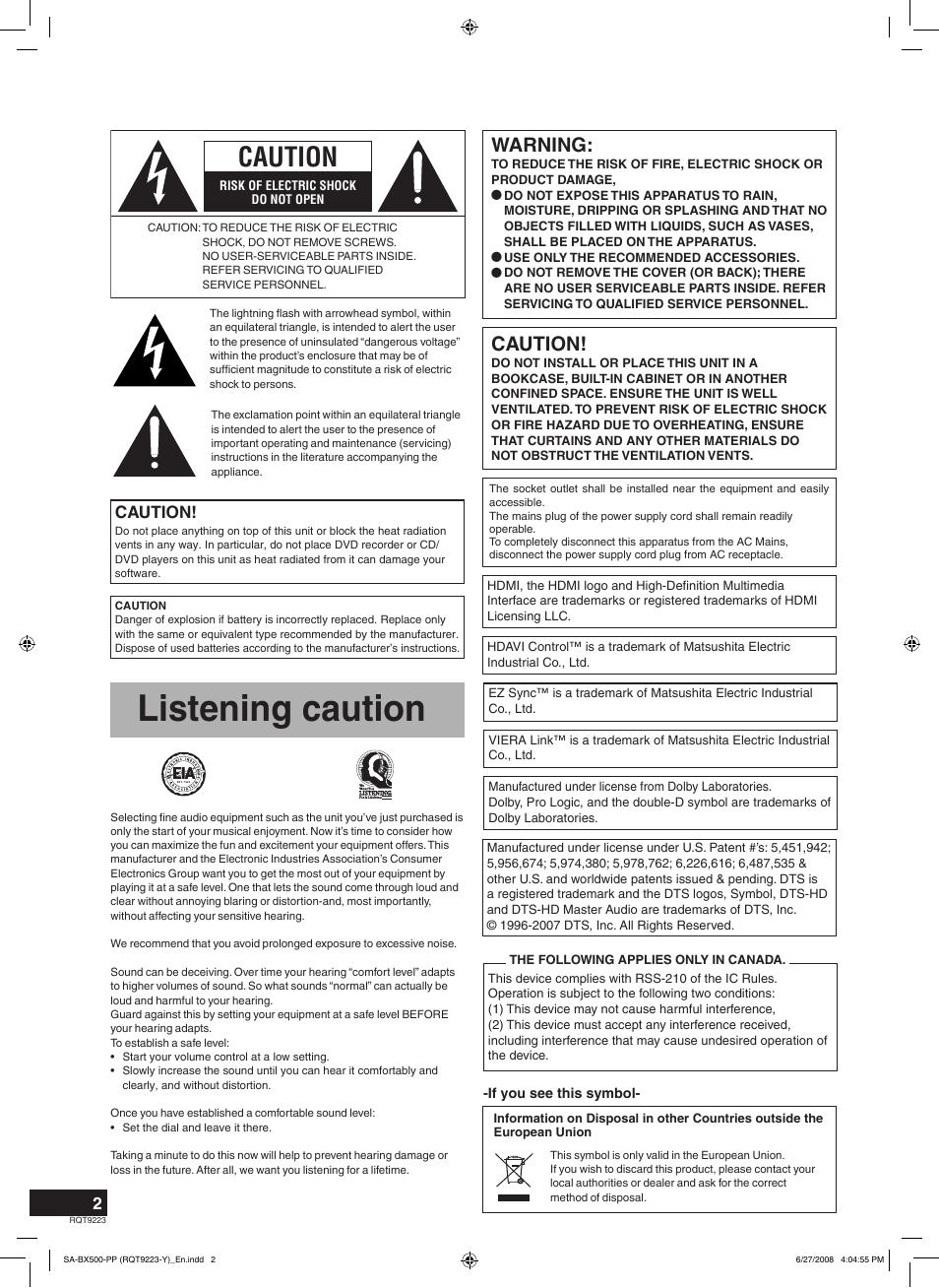 Before use, Listening caution, Caution | Warning | Panasonic RQT9223 User Manual | Page 2 / 60