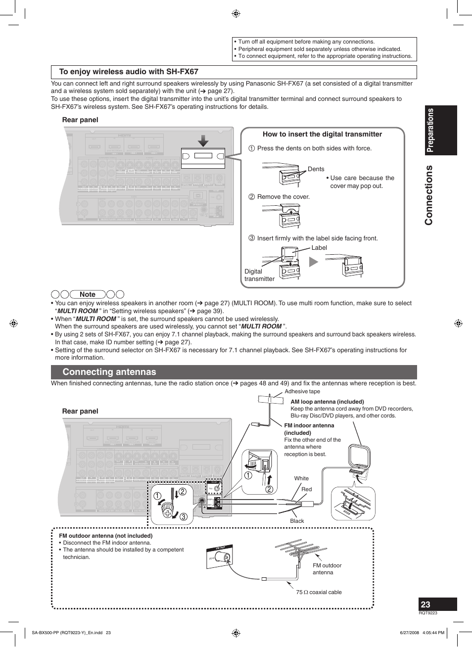 Connections, Connecting antennas, Preparations | Rear panel how to insert the digital transmitter, Rear panel, Press the dents on both sides with force, Remove the cover | Panasonic RQT9223 User Manual | Page 23 / 60