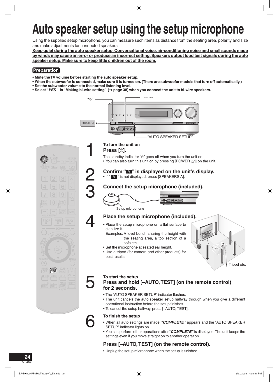 Auto speaker setup using the setup microphone | Panasonic RQT9223 User Manual | Page 24 / 60