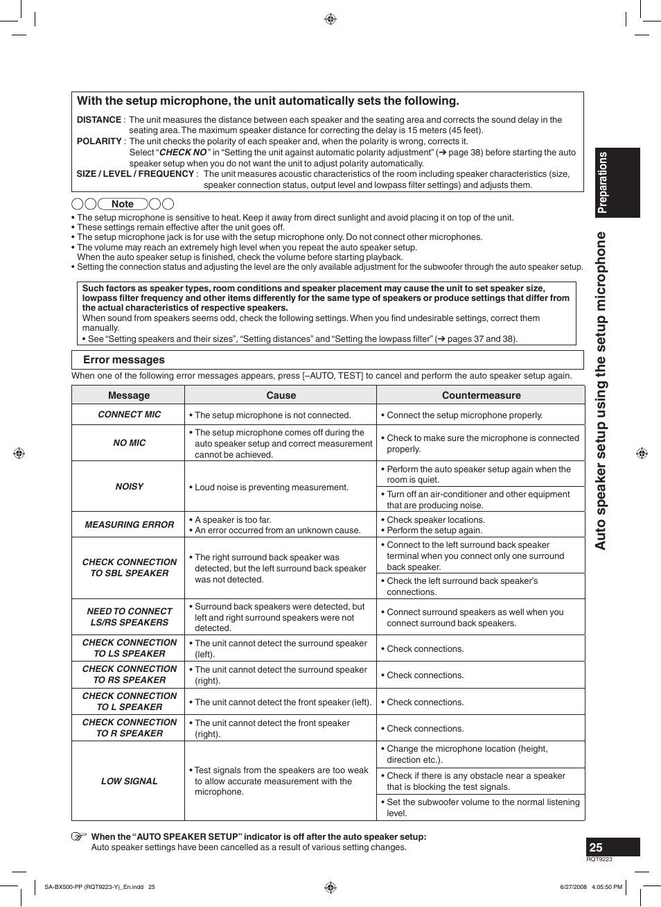 Auto speaker setup using the setup micr ophone | Panasonic RQT9223 User Manual | Page 25 / 60