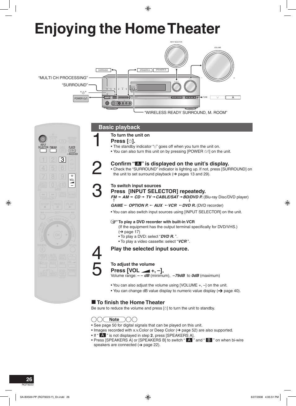 Basic operations, Enjoying the home theater, Basic playback | Press, Conﬁrm, Is displayed on the unit’s display, Press [input selector] repeatedy, Play the selected input source | Panasonic RQT9223 User Manual | Page 26 / 60