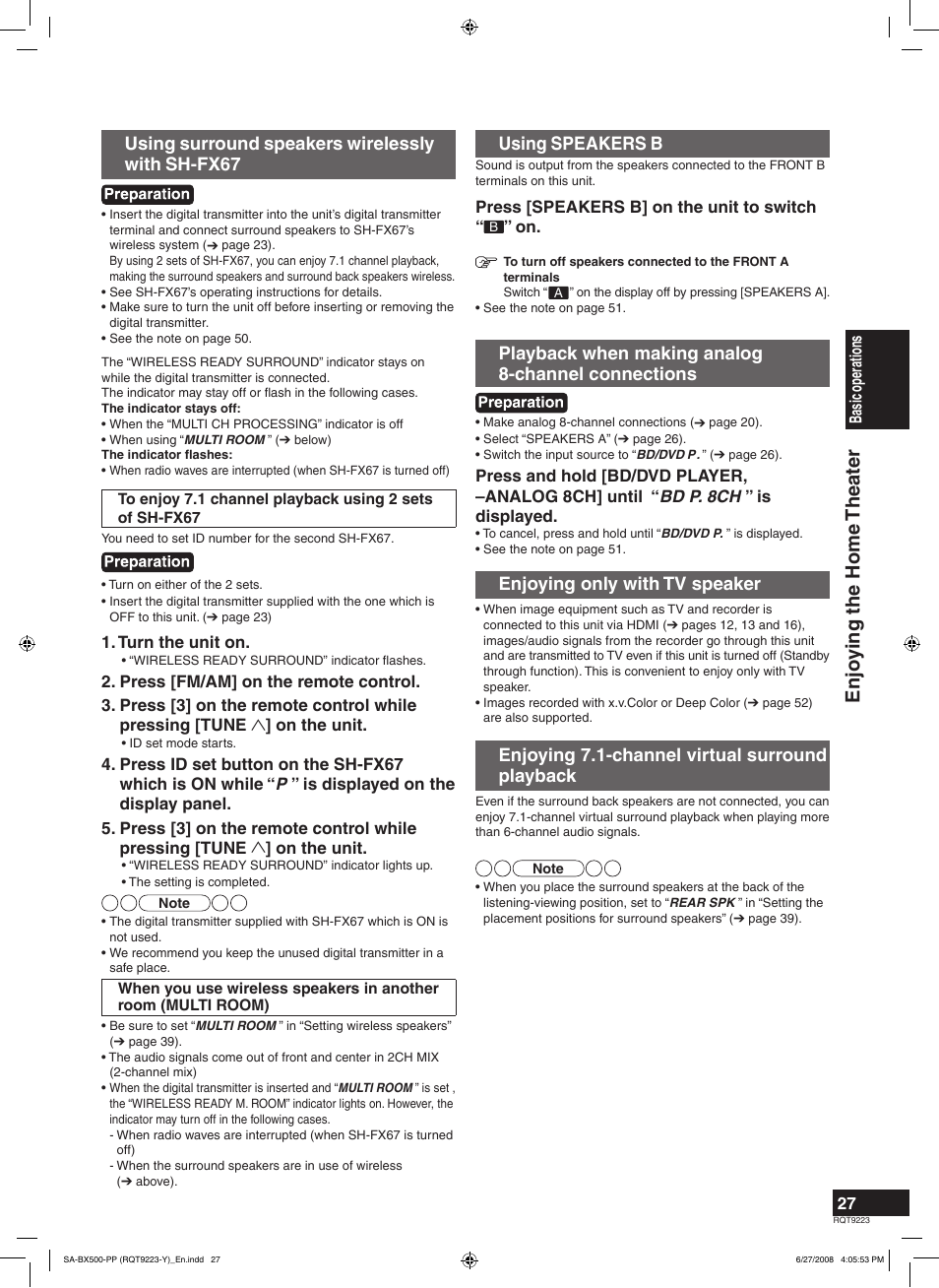 Enjo ying the home theater, Using surround speakers wirelessly with sh-fx67, Using speakers b | Playback when making analog 8-channel connections, Enjoying only with tv speaker, Enjoying 7.1-channel virtual surround playback | Panasonic RQT9223 User Manual | Page 27 / 60