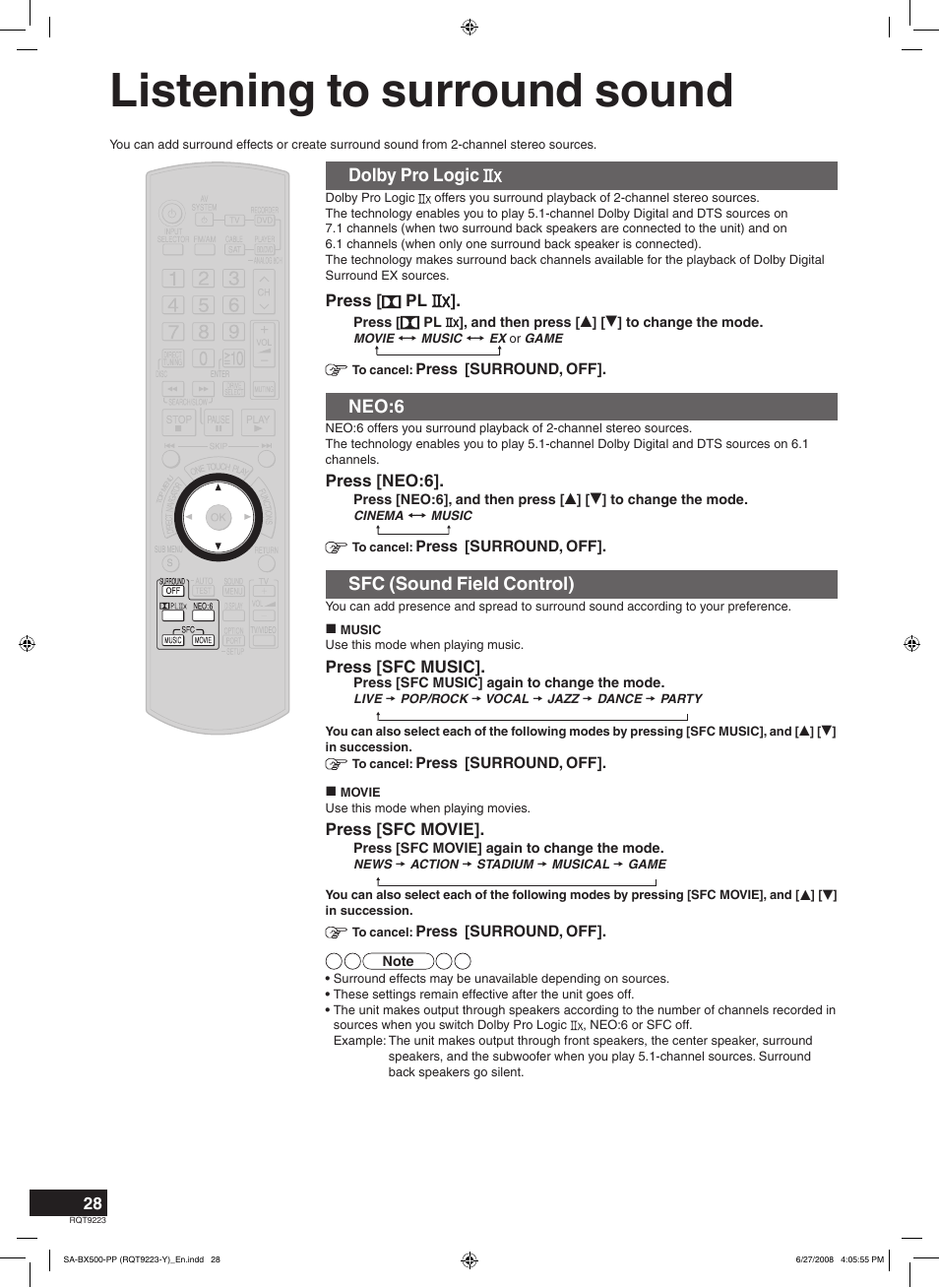 Operations, Listening to surround sound, Dolby pro logic | Neo:6, Sfc (sound field control) | Panasonic RQT9223 User Manual | Page 28 / 60