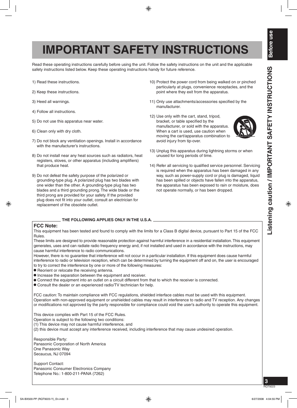 Important safety instructions, Bef ore use | Panasonic RQT9223 User Manual | Page 3 / 60