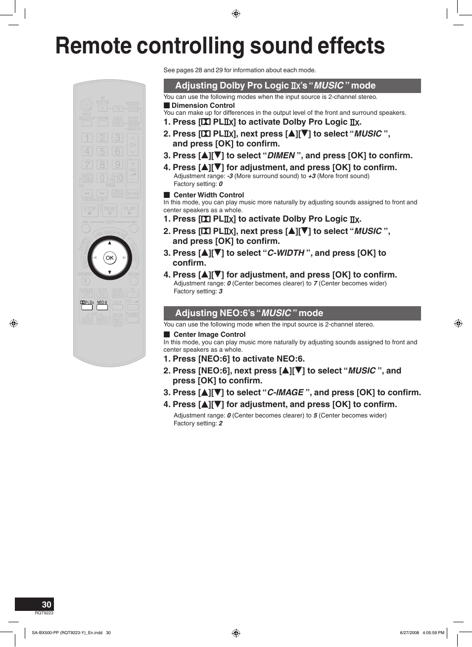 Remote controlling sound effects, Adjusting dolby pro logic ’s “ music ” mode, Adjusting neo:6’s “ music ” mode | Panasonic RQT9223 User Manual | Page 30 / 60