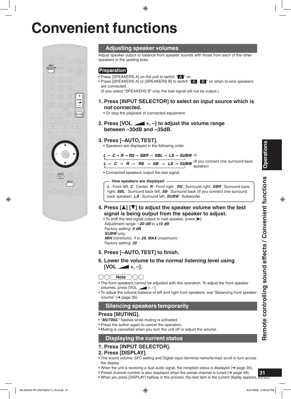 Convenient functions, Adjusting speaker volumes, Silencing speakers temporarily | Displaying the current status | Panasonic RQT9223 User Manual | Page 31 / 60