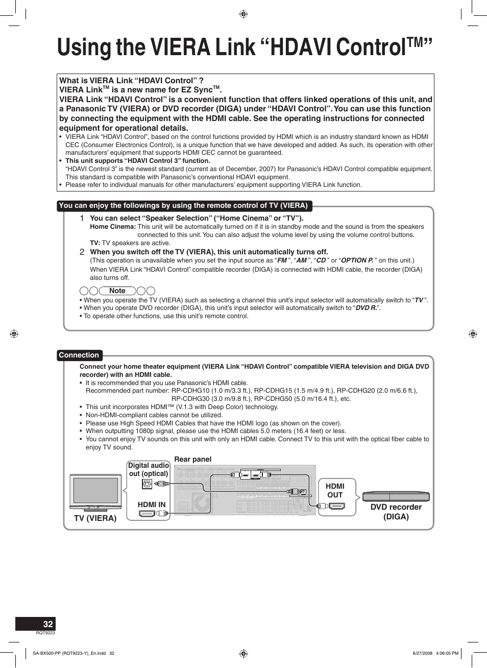 Using the viera link “hdavi control | Panasonic RQT9223 User Manual | Page 32 / 60