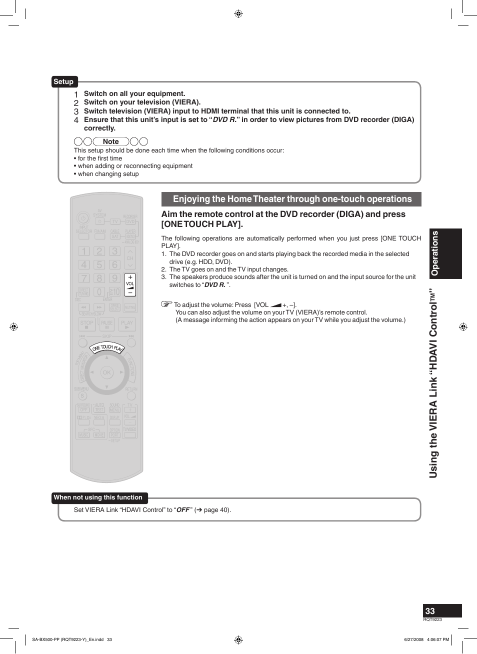 Using the viera link “hd a vi contr ol | Panasonic RQT9223 User Manual | Page 33 / 60