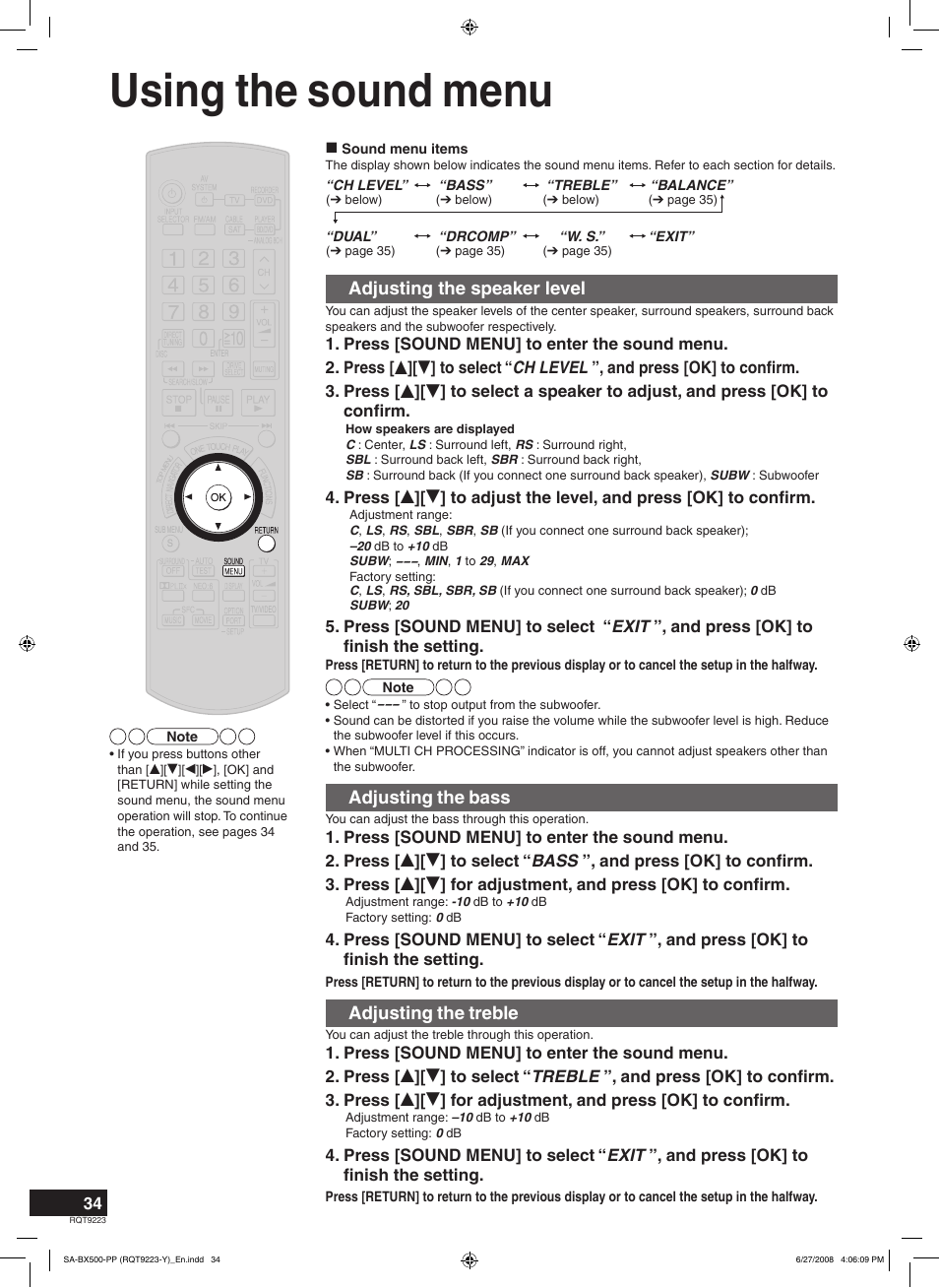 Using the sound menu, Adjusting the speaker level, Adjusting the bass | Adjusting the treble | Panasonic RQT9223 User Manual | Page 34 / 60