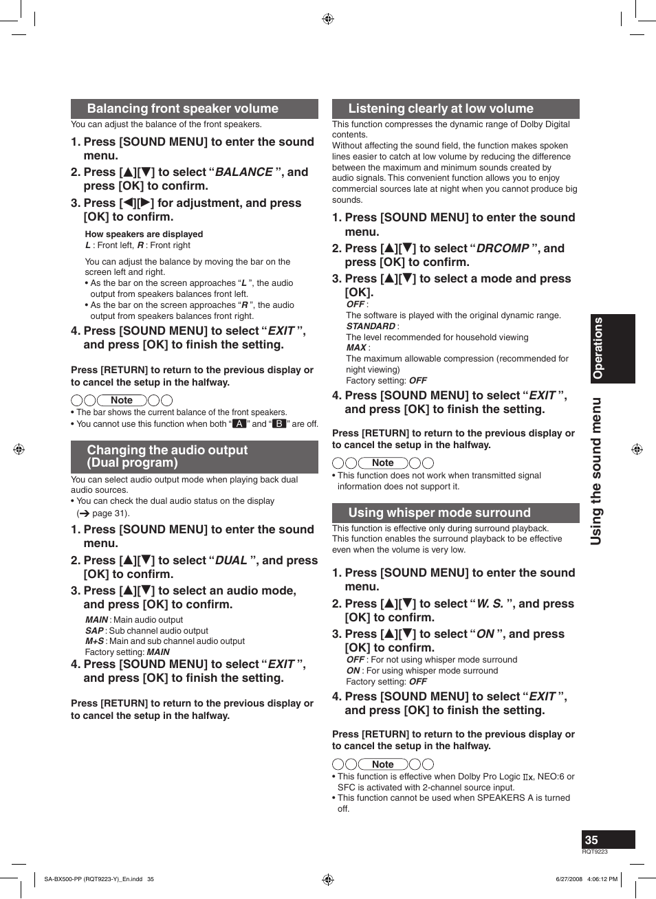 Using the sound men u | Panasonic RQT9223 User Manual | Page 35 / 60