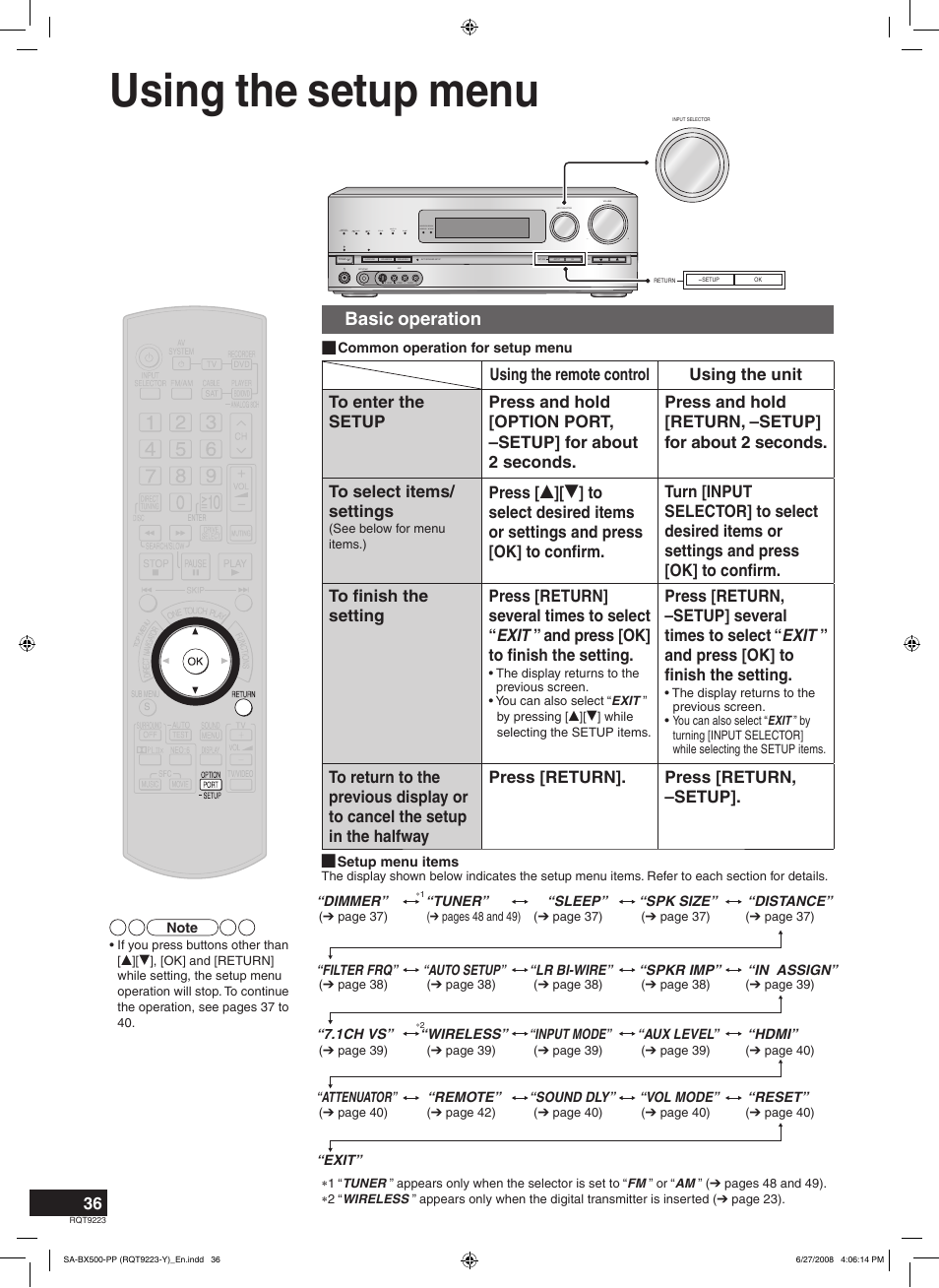 Using the setup menu, Basic operation | Panasonic RQT9223 User Manual | Page 36 / 60