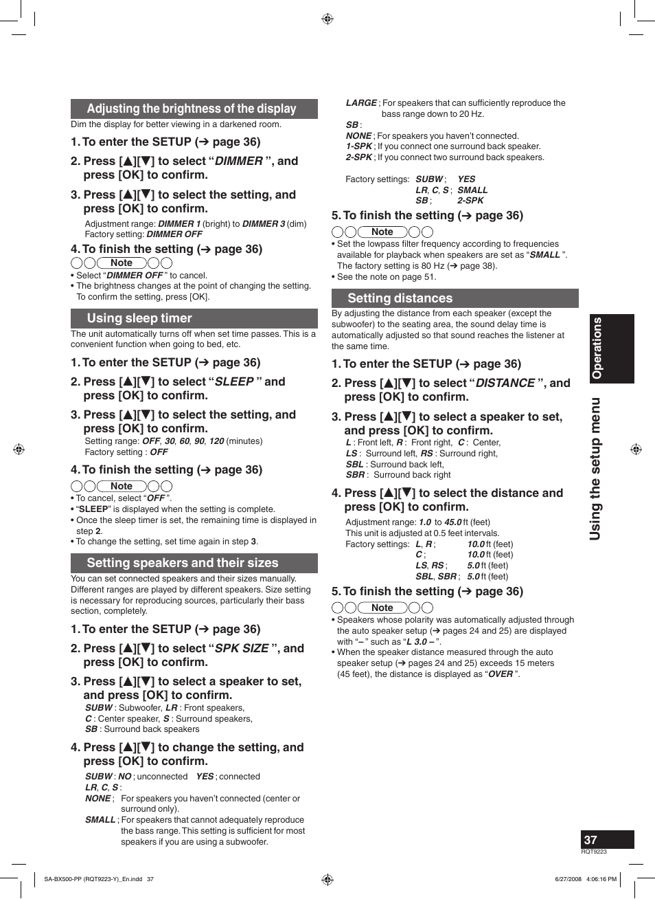Using the setup men u, Adjusting the brightness of the display, Using sleep timer | Setting speakers and their sizes, Setting distances | Panasonic RQT9223 User Manual | Page 37 / 60