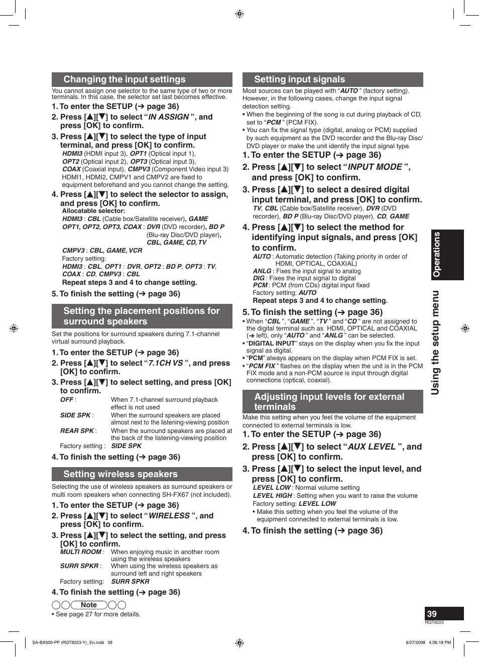 Using the setup men u, Changing the input settings, Setting wireless speakers | Setting input signals, Adjusting input levels for external terminals | Panasonic RQT9223 User Manual | Page 39 / 60