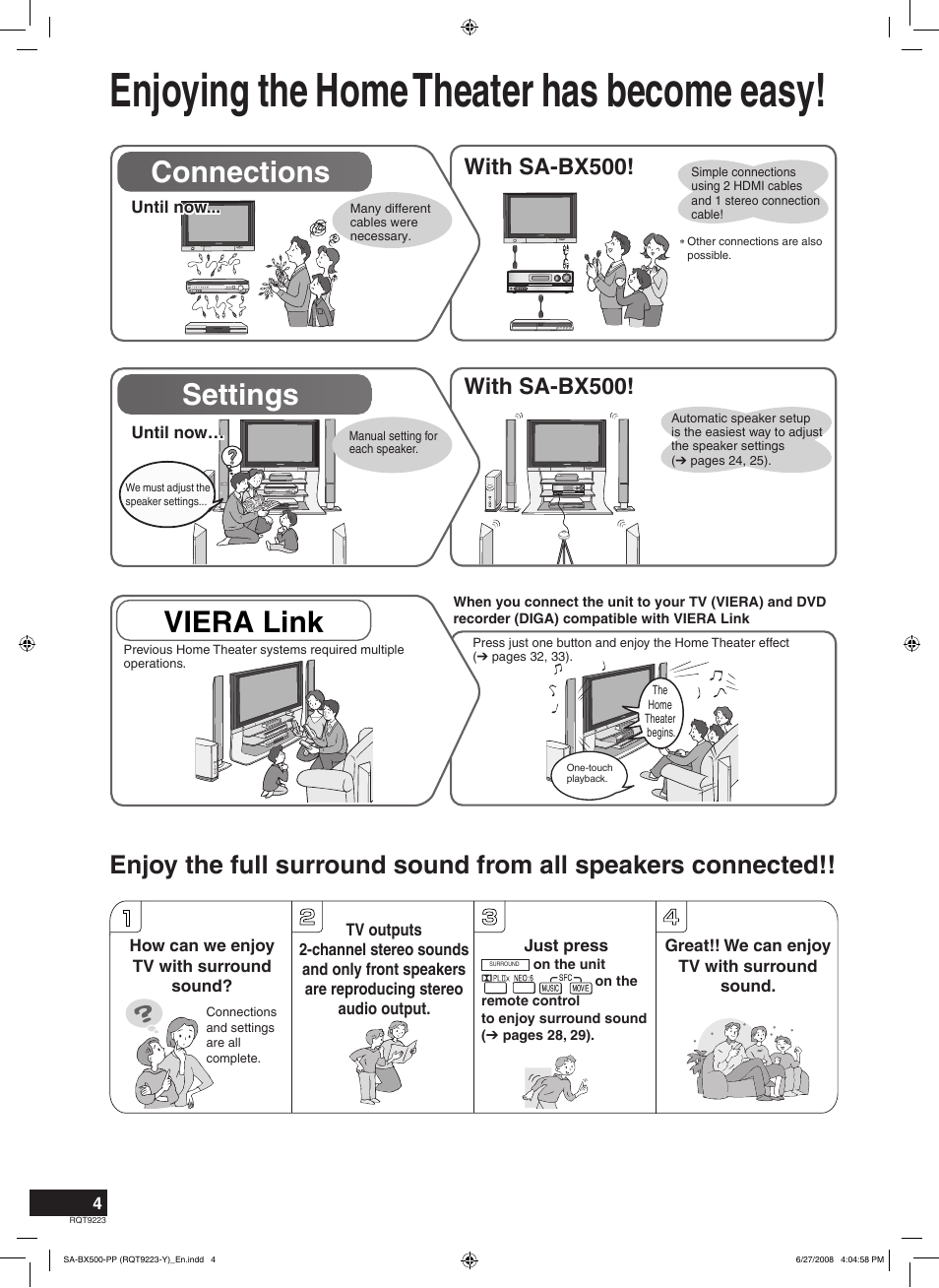 Enjoying the home theater has become easy, Connections settings, Viera link | With sa-bx500 | Panasonic RQT9223 User Manual | Page 4 / 60