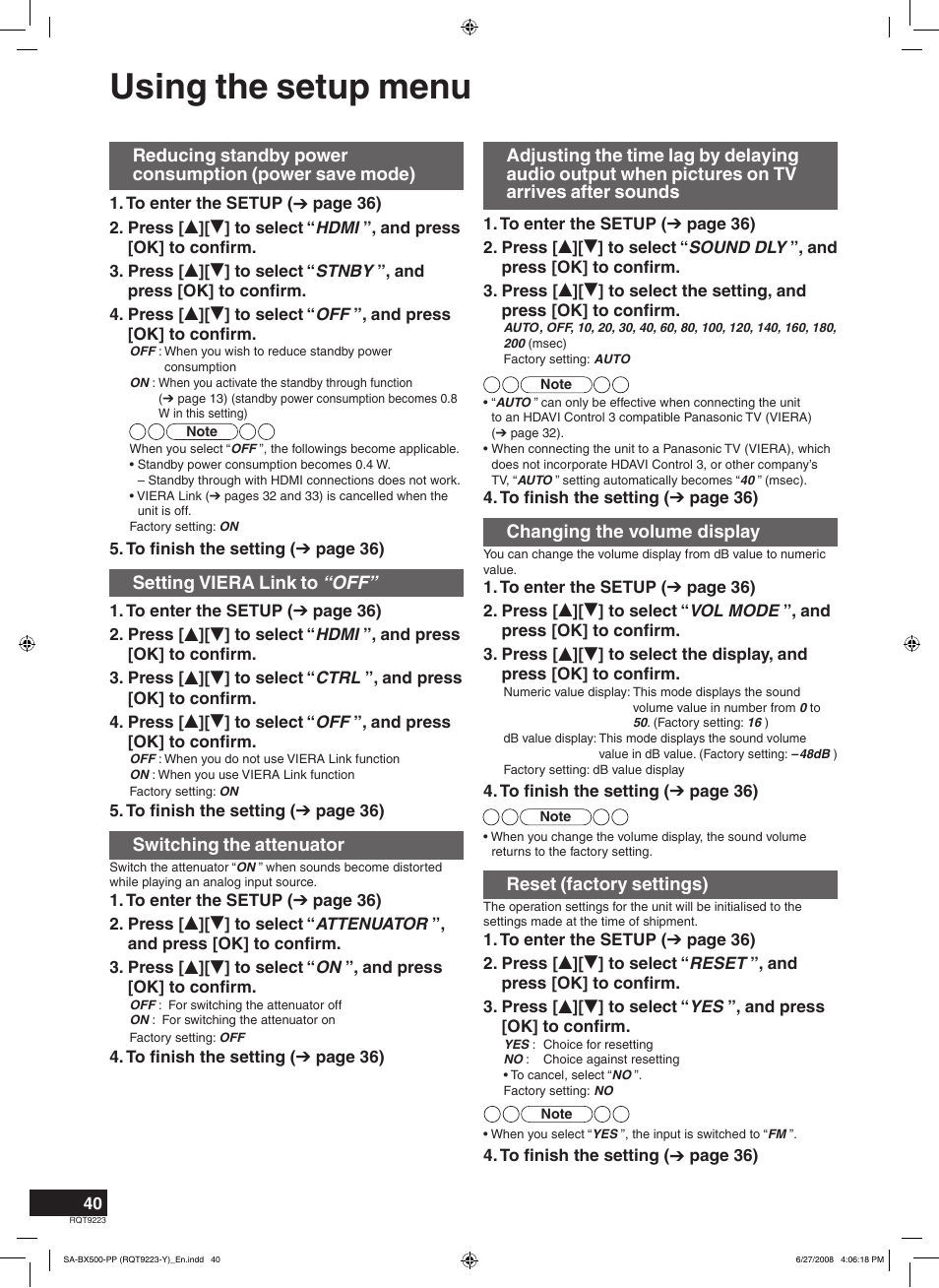 Using the setup menu, Setting viera link to “off, Switching the attenuator | Changing the volume display, Reset (factory settings) | Panasonic RQT9223 User Manual | Page 40 / 60