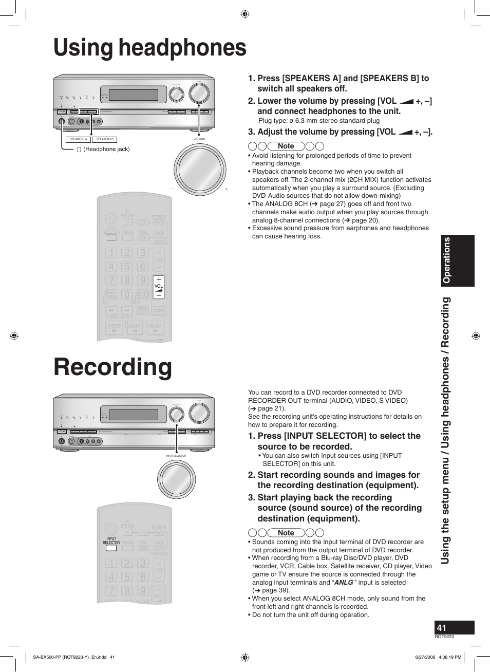 Using headphones, Recording, Operations | Adjust the volume by pressing [vol, Wireless ready surround m.room | Panasonic RQT9223 User Manual | Page 41 / 60