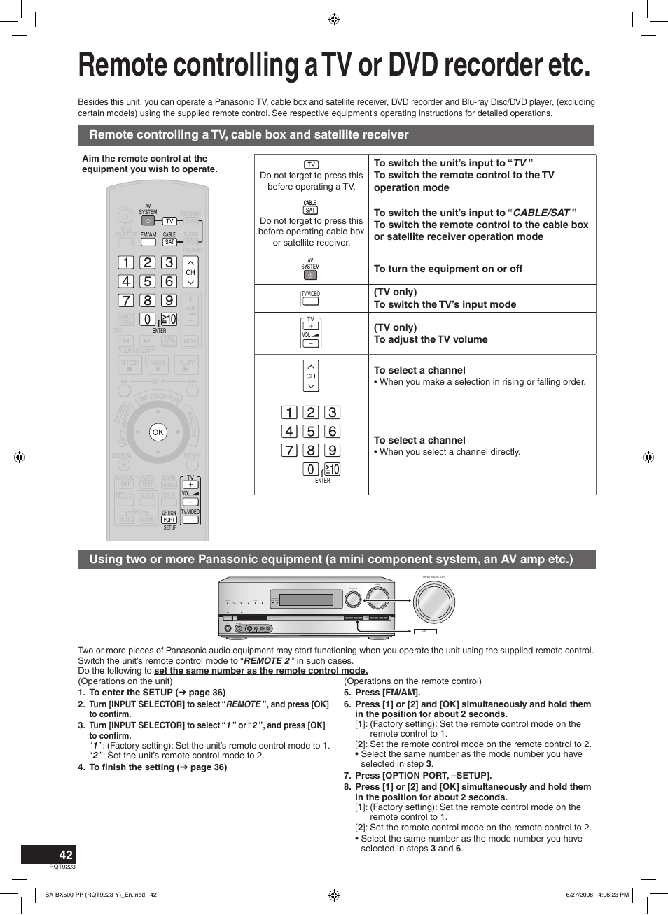 Remote controlling a tv or dvd recorder etc | Panasonic RQT9223 User Manual | Page 42 / 60