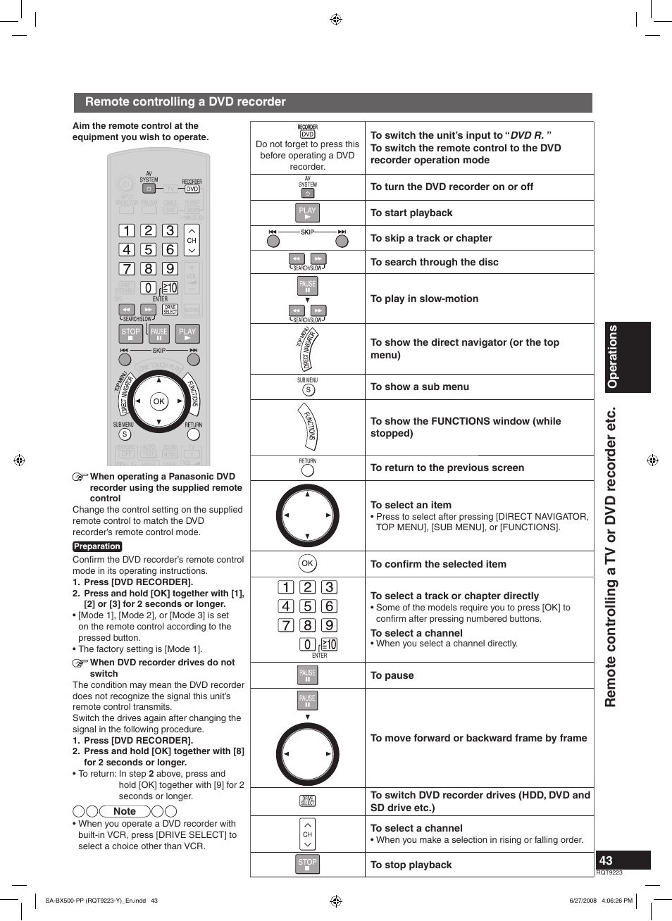 Remote contr olling a tv or d vd recor der etc, Operations, Remote controlling a dvd recorder | Panasonic RQT9223 User Manual | Page 43 / 60