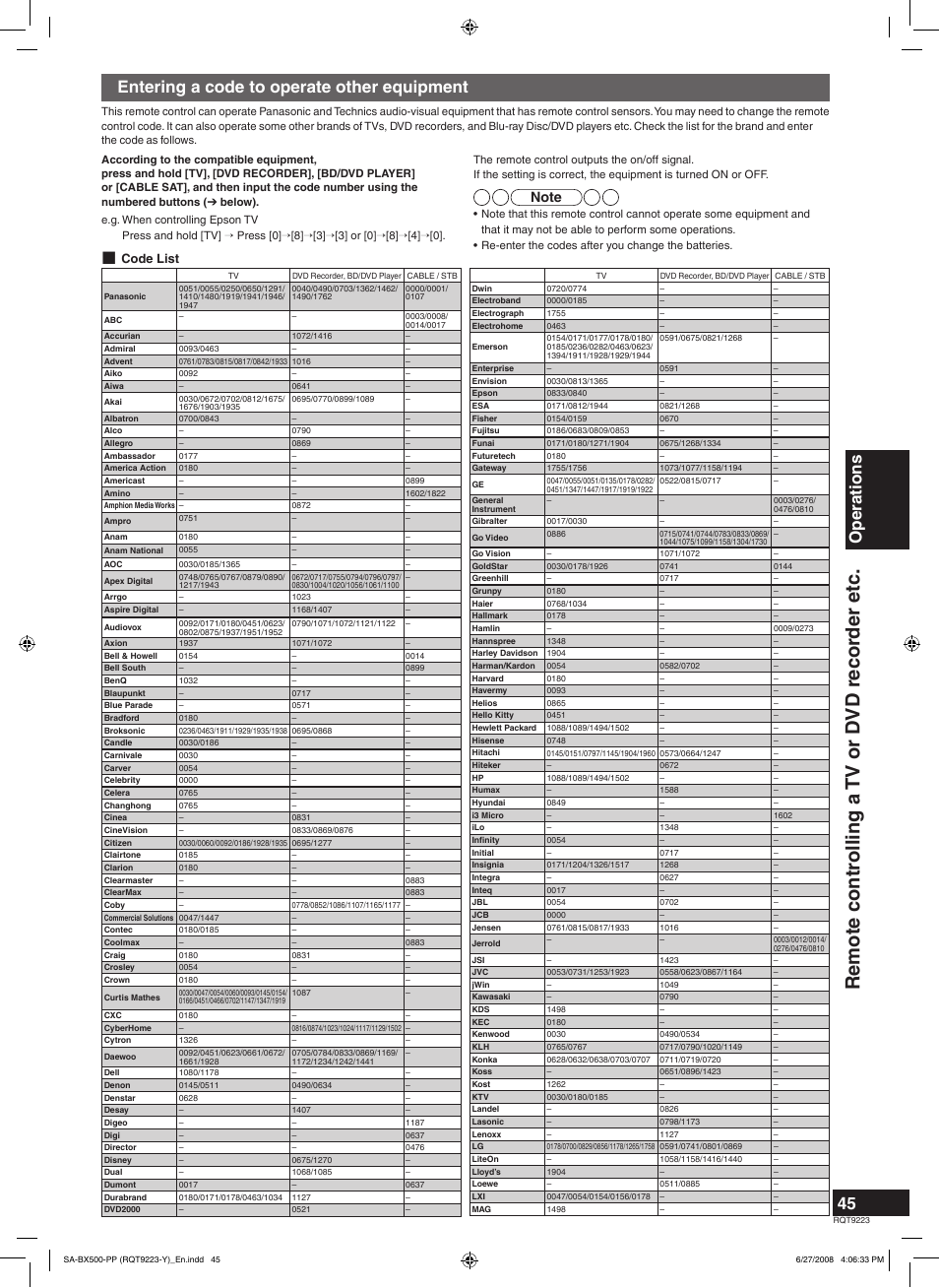 Remote contr olling a tv or d vd recor der etc, Code list | Panasonic RQT9223 User Manual | Page 45 / 60