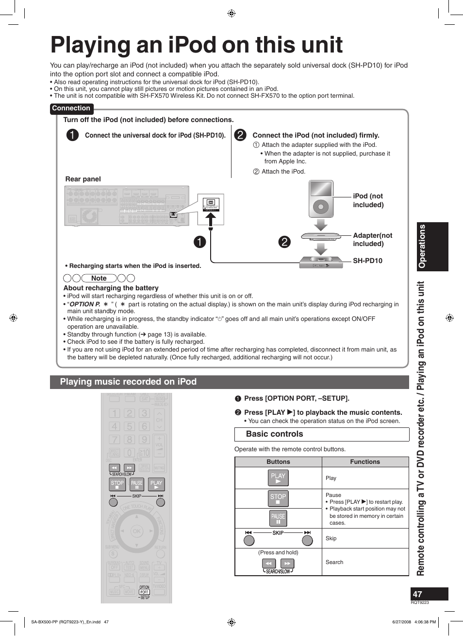 Playing an ipod on this unit, Playing music recorded on ipod | Panasonic RQT9223 User Manual | Page 47 / 60