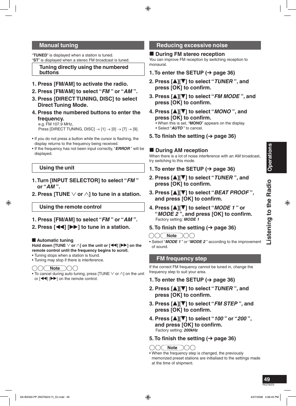 Listening to the radio | Panasonic RQT9223 User Manual | Page 49 / 60