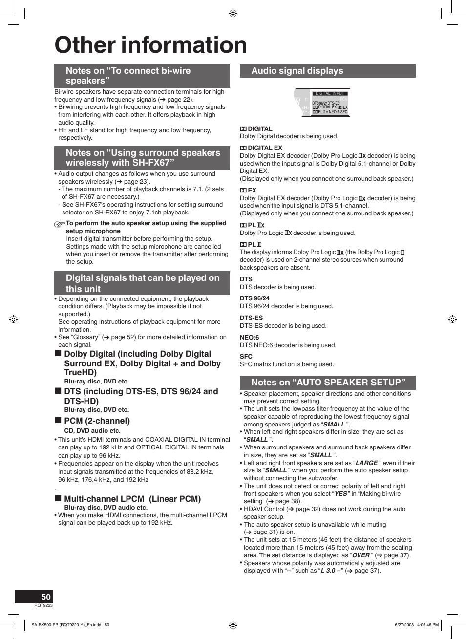 Reference, Other information, Digital signals that can be played on this unit | Audio signal displays, Dts (including dts-es, dts 96/24 and dts-hd), Pcm (2-channel), Multi-channel lpcm (linear pcm) | Panasonic RQT9223 User Manual | Page 50 / 60