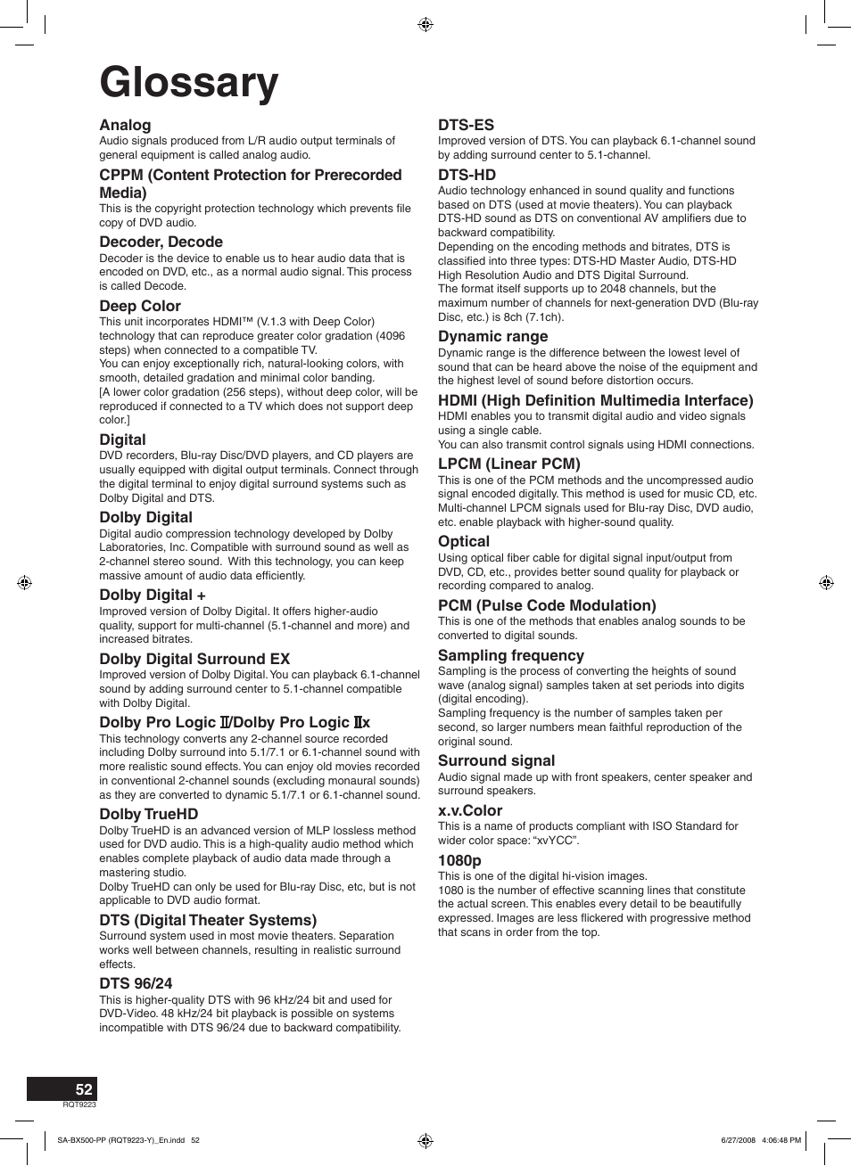 Glossary | Panasonic RQT9223 User Manual | Page 52 / 60