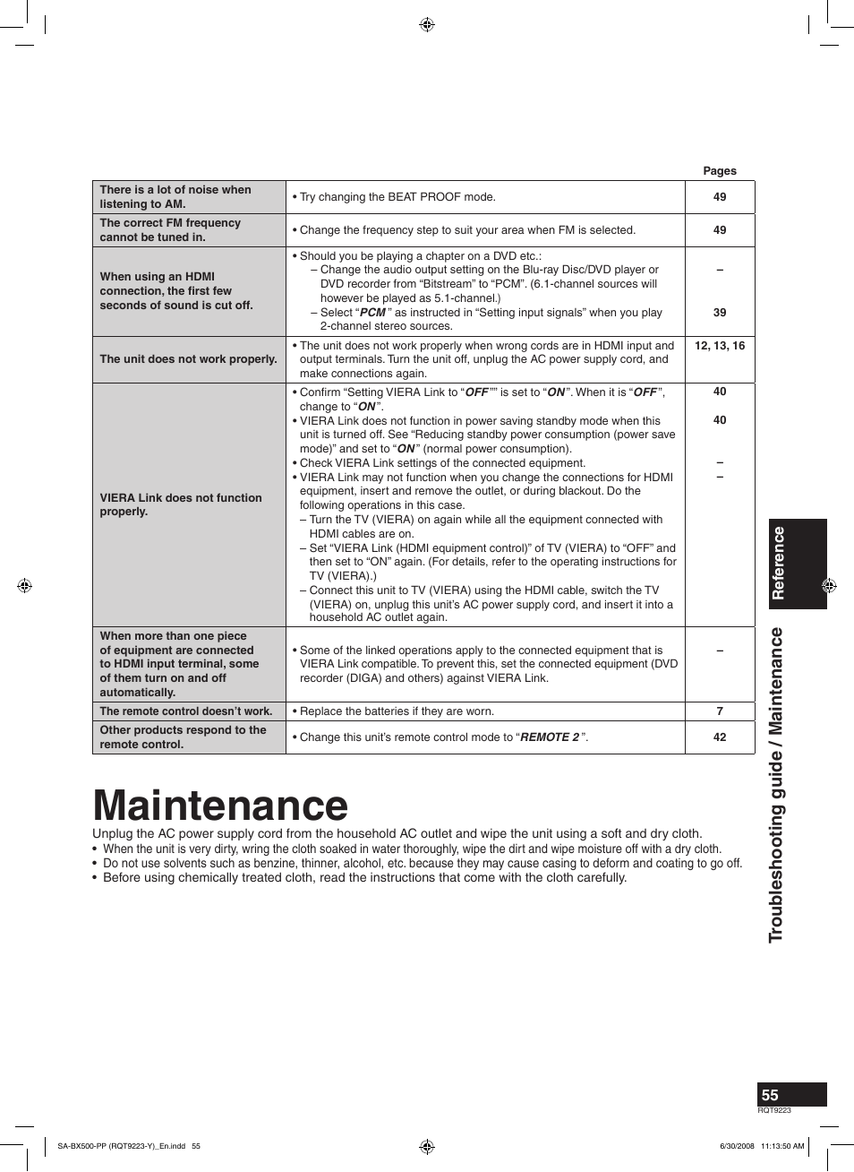 Maintenance, Tr oub leshooting guide / maintenance, Ref erence | Panasonic RQT9223 User Manual | Page 55 / 60