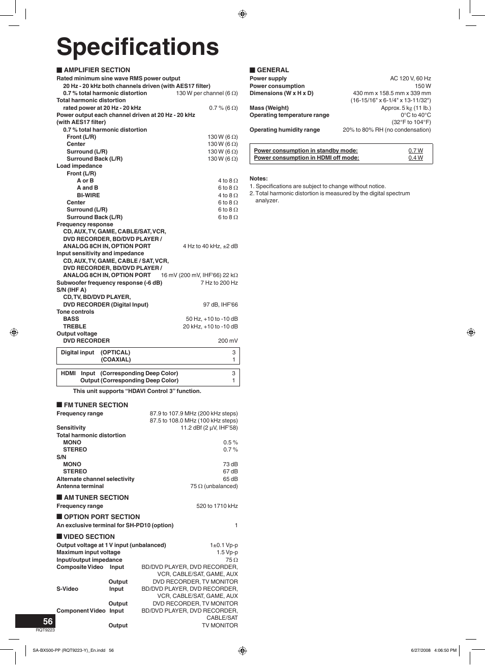 Specifications, Speciﬁcations | Panasonic RQT9223 User Manual | Page 56 / 60